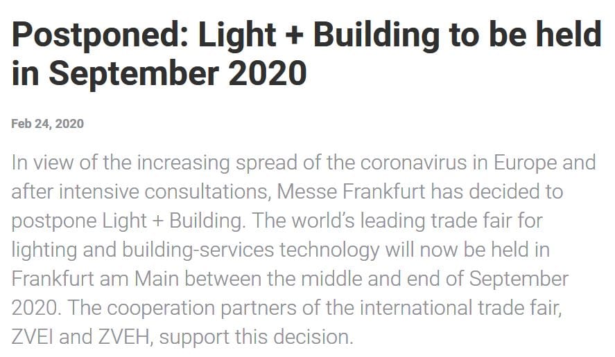 Coronavirus: Light+Building di Francoforte rinviata a settembre