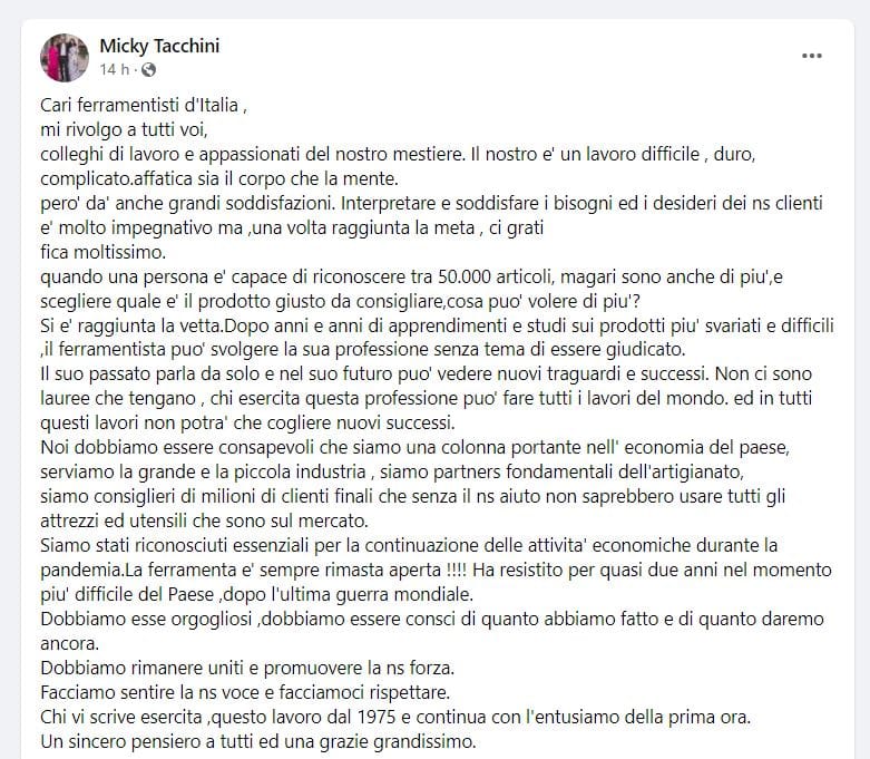 Michele Tacchini ringrazia le ferramenta italiane!