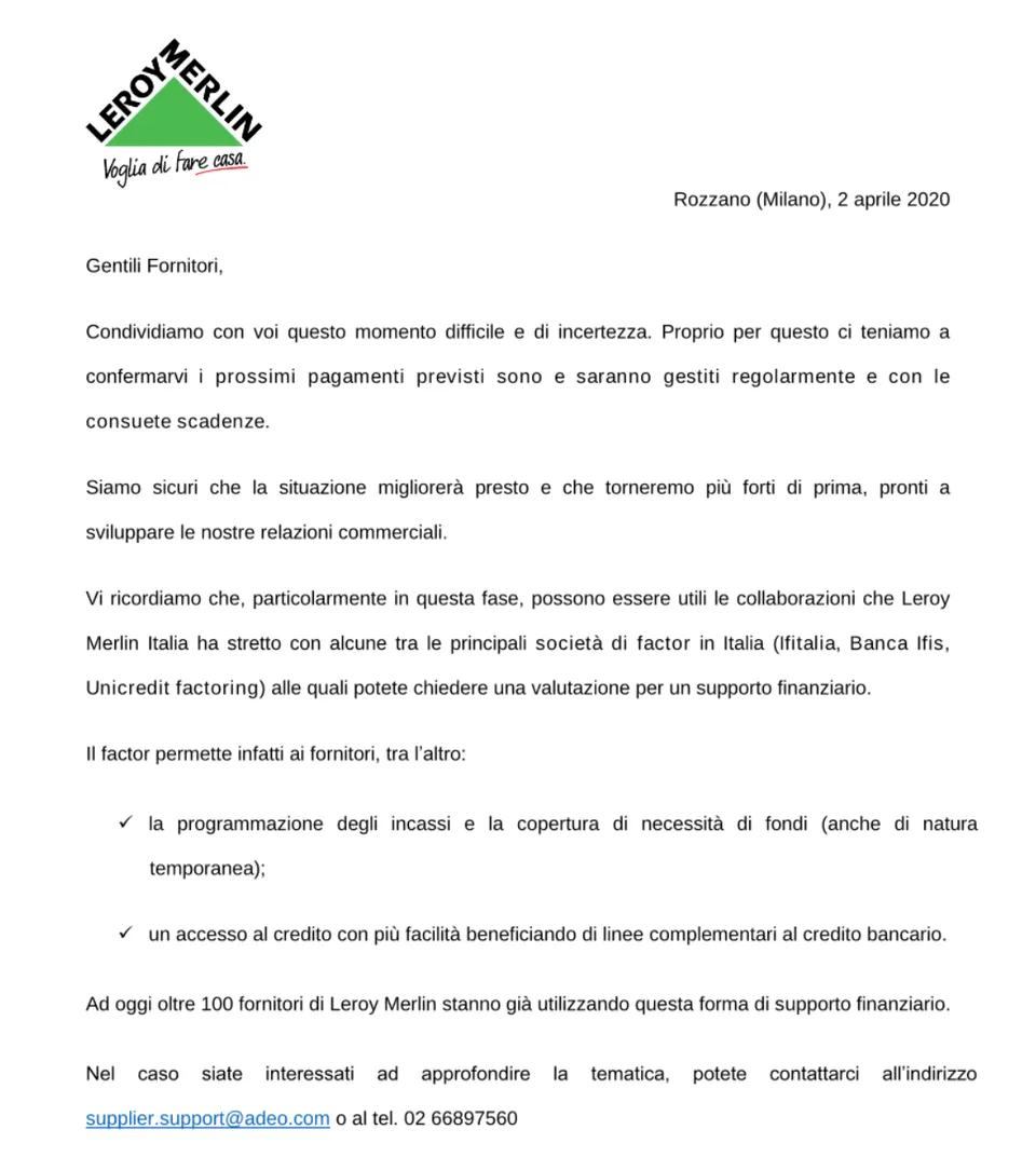 Leroy Merlin Italia scrive ai propri fornitori 2